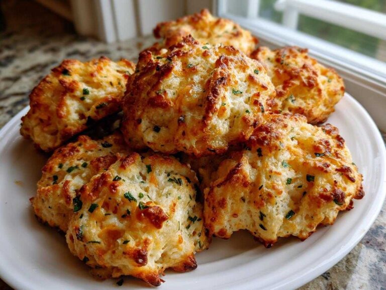 A plate piled high with freshly baked Cheddar and chive savoury biscuits, golden brown and topped with herbs.