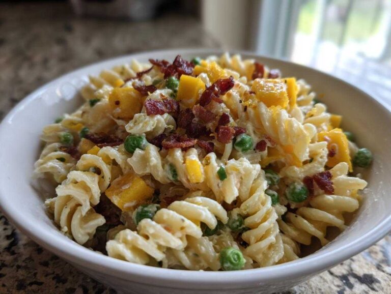 Close-up of a white bowl filled with creamy Cheddar bacon and pea pasta salad featuring rotini pasta, peas, and bacon crumbles.