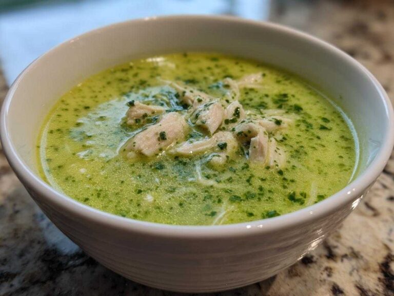 Close-up of a bowl of vibrant green chilled zucchini soup with shredded chicken and fresh herbs.