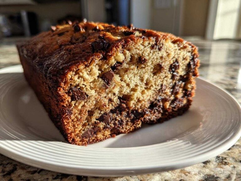 A close-up of a freshly baked loaf of chocolate chip banana bread with Greek yogurt, showing a moist interior and dark chocolate chips.