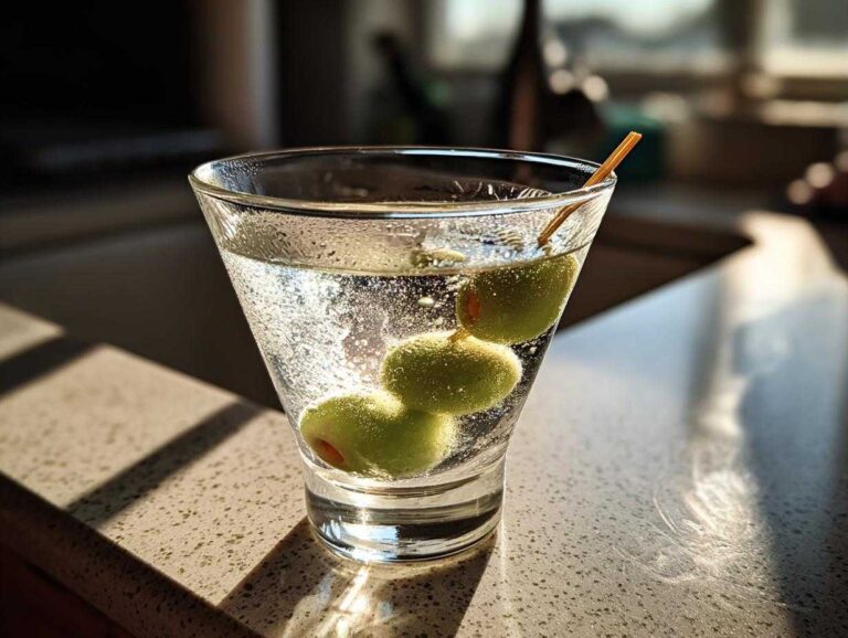 A chilled Classic gin martini in a glass, garnished with three green olives on a pick, catching bright sunlight.