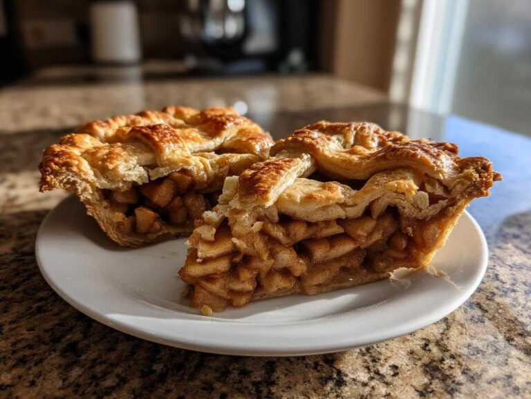 Two servings of a golden brown Classic lattice apple pie, showing the thick, spiced apple filling.