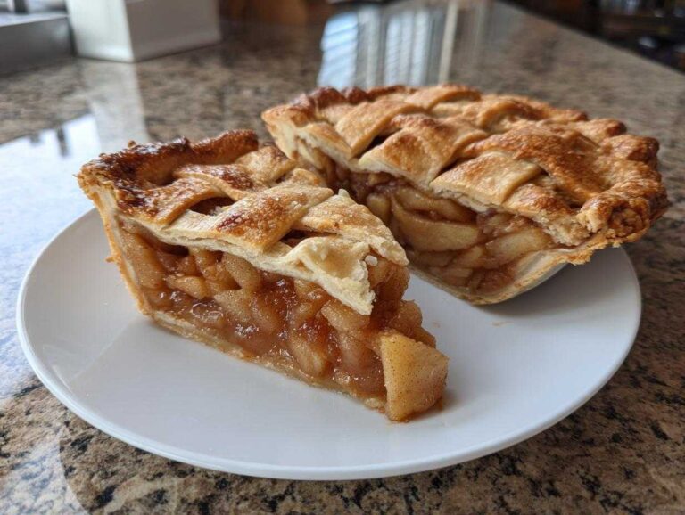 A slice and remaining portion of a Classic lattice top apple pie showing thick, caramelized apple filling.