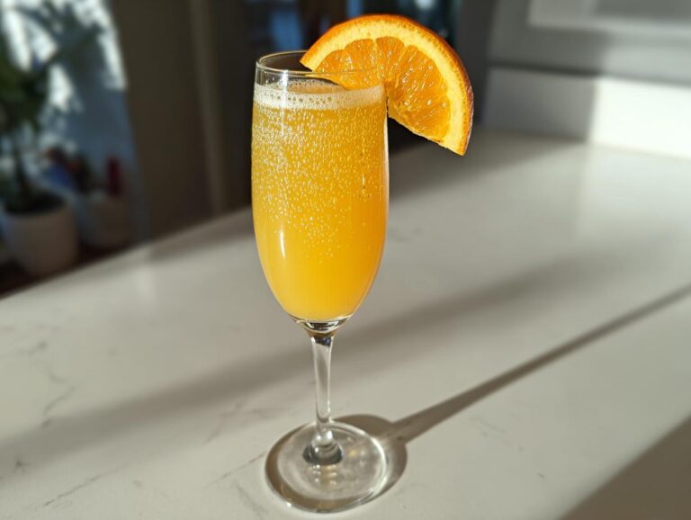 A bubbly Classic orange mimosa served in a champagne flute, garnished with a fresh orange slice.