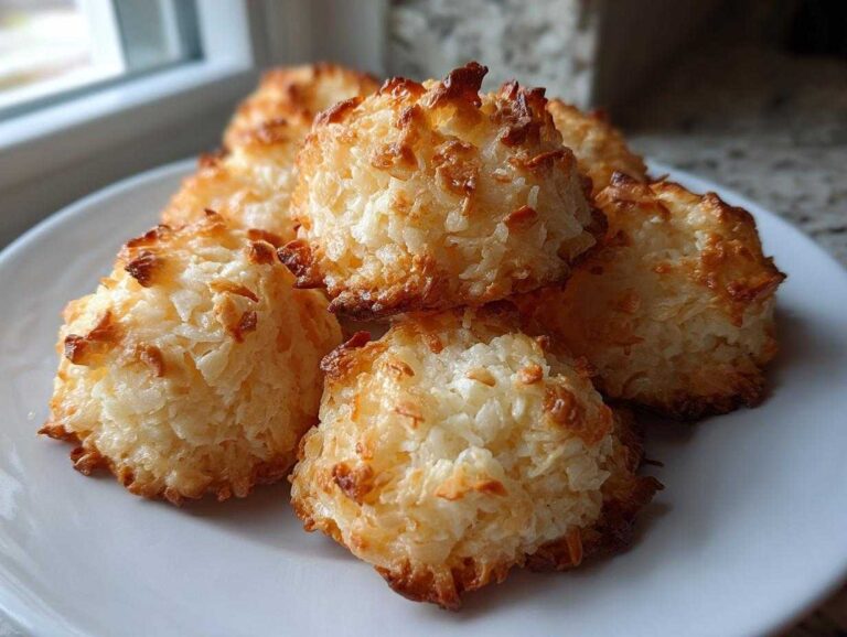 A small pile of golden brown, chewy coconut treats perfect for National Macaroon Day, served on a white plate.
