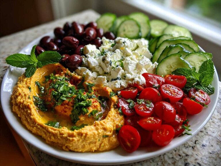 A vibrant plate featuring hummus, feta, olives, tomatoes, and cucumbers for a 15-minute mezze plate dinner.