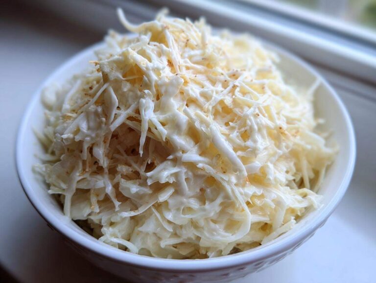 Close-up of a white bowl filled with shredded cabbage coated in a creamy sauce, representing Creamy Cabbage Alfredo.