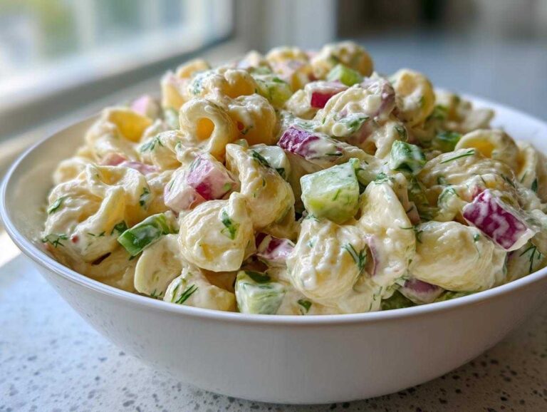 A close-up of creamy Dill Pickle Pasta Salad featuring shell pasta, red onion, and cucumber chunks.
