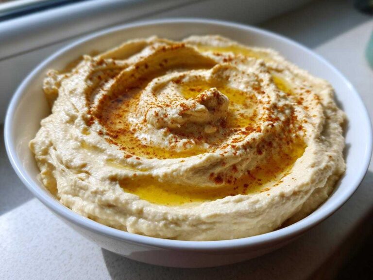 A close-up of creamy roasted garlic hummus swirled in a white bowl, drizzled with olive oil and sprinkled with paprika.