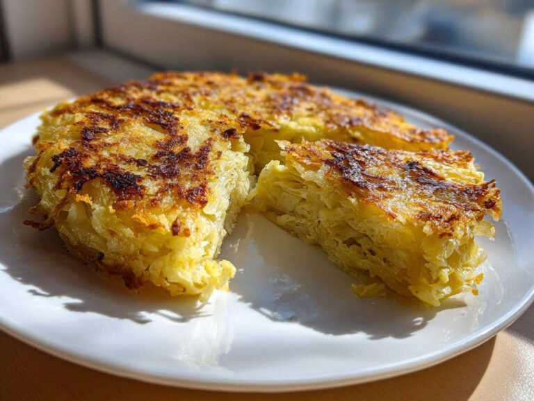 A golden brown, sliced portion of crispy panko roasted cabbage steaks showing layered texture.