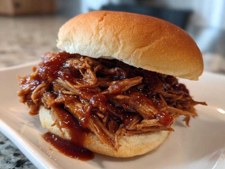 A close-up of a delicious slider bun overflowing with saucy Crockpot pulled pork for sliders.