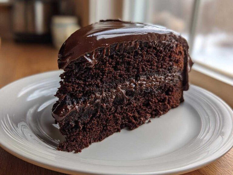 A close-up of a moist slice of decadent devil's food cake topped with rich, glossy chocolate ganache.