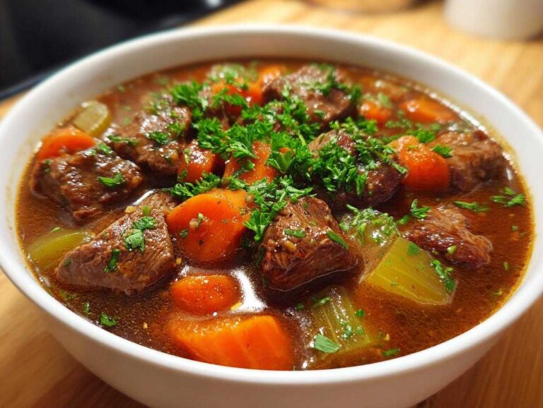 Close-up of a rich Eid al-Adha lamb stew featuring tender meat chunks, carrots, celery, and a fresh parsley garnish.