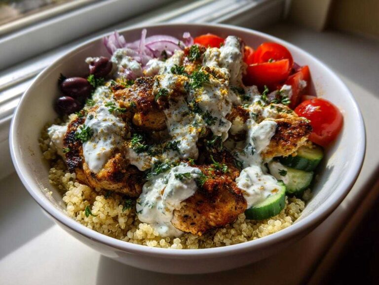 Close-up of a white bowl filled with quinoa, seasoned chicken, cucumbers, tomatoes, and drizzled with tzatziki sauce for greek chicken bowls.