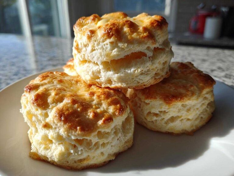 A stack of three golden-brown, fluffy buttermilk biscuits from scratch, glistening with melted butter.