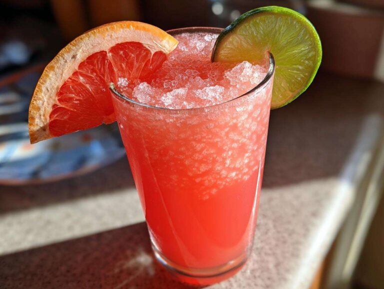 Close-up of a vibrant red frozen palomas with grapefruit and lime, garnished with citrus slices.