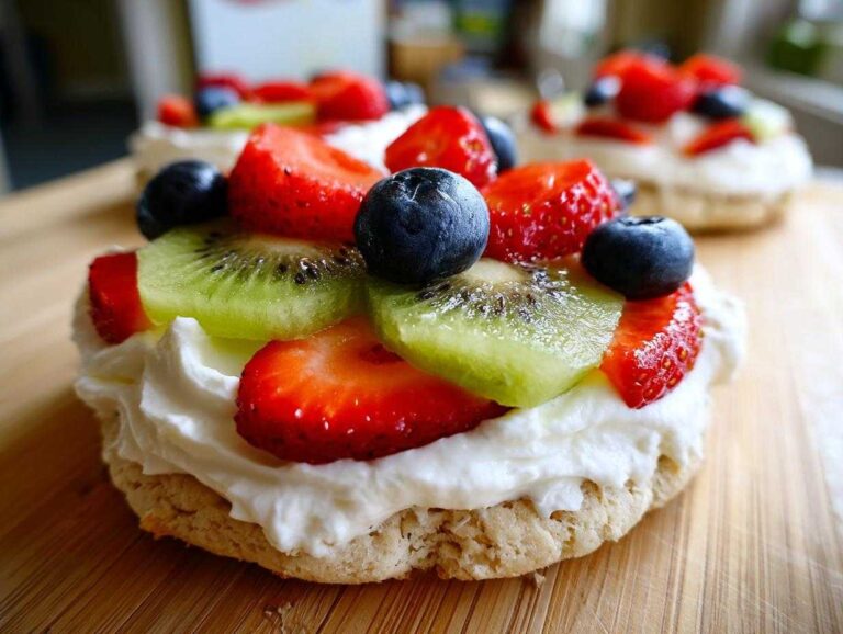 A close-up of one of the amazing fruit pizza cookies with cream cheese frosting, topped with fresh strawberries, kiwi, and blueberries.
