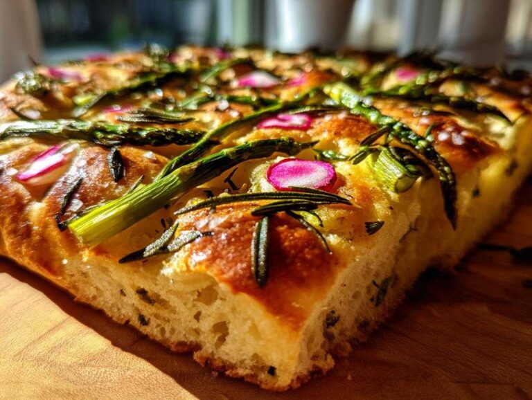 A golden-brown slice of Garden herb focaccia topped with bright green asparagus spears and pink radish slices.