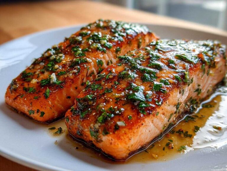 Two perfectly cooked fillets of garlic butter salmon glistening with a rich sauce and fresh parsley.