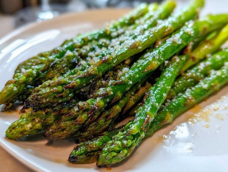 A close-up of bright green, roasted asparagus spears topped with grated Parmesan cheese, ready to eat.