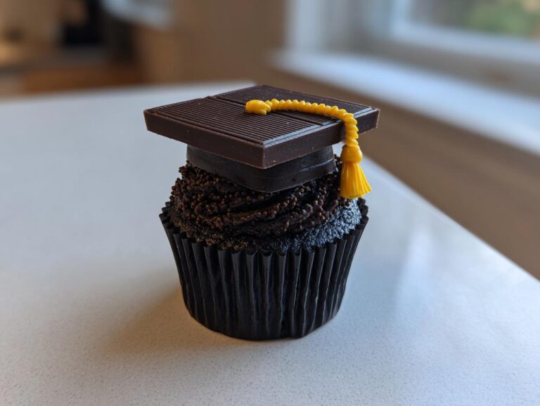 A close-up of a dark chocolate Graduation cap cupcakes topped with chocolate frosting, sprinkles, and a yellow candy tassel.