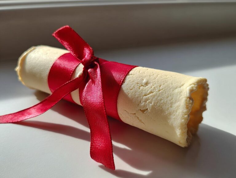 A close-up of a single Graduation diploma cookie, rolled like a scroll and tied with a bright red satin ribbon.
