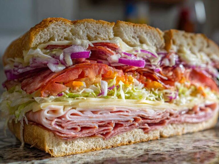 A cross-section view of a massive, fully loaded Graduation party sub sandwiches featuring layers of deli meats, cheese, shredded lettuce, tomatoes, and red onions.