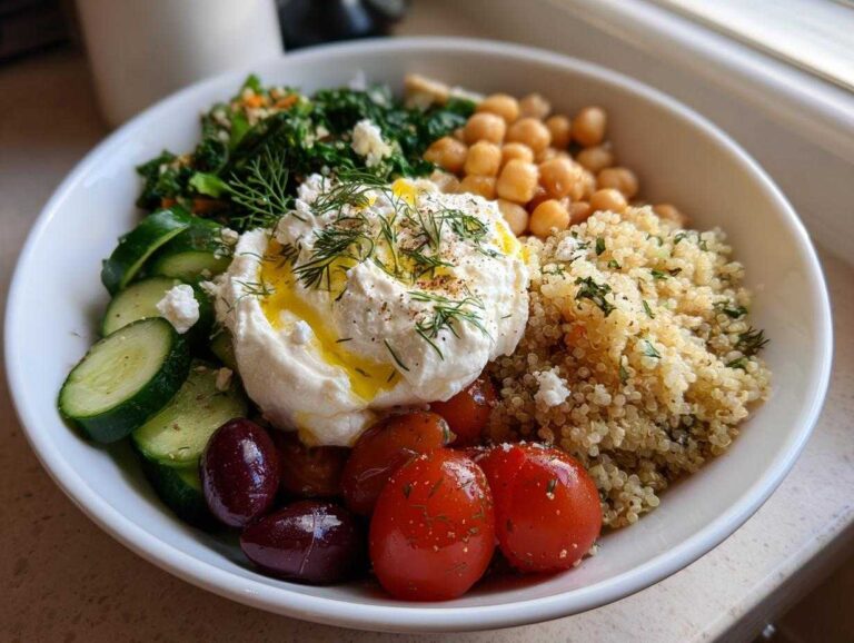 A vibrant bowl featuring quinoa, chickpeas, cucumbers, tomatoes, and a large dollop of whipped feta, central to Greek power bowls.