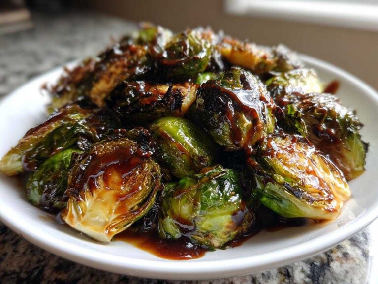 Close-up of perfectly grilled brussels sprouts with balsamic glaze drizzled over them on a white plate.