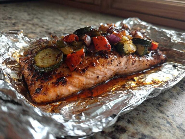 Close-up of a perfectly cooked piece of grilled honey chipotle salmon foil packets topped with zucchini, peppers, and onions.