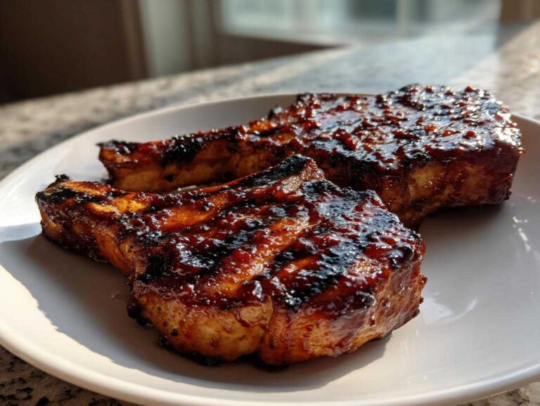 Two thick, juicy grilled pork chops coated in a dark, glossy blackberry BBQ sauce, resting on a white plate.