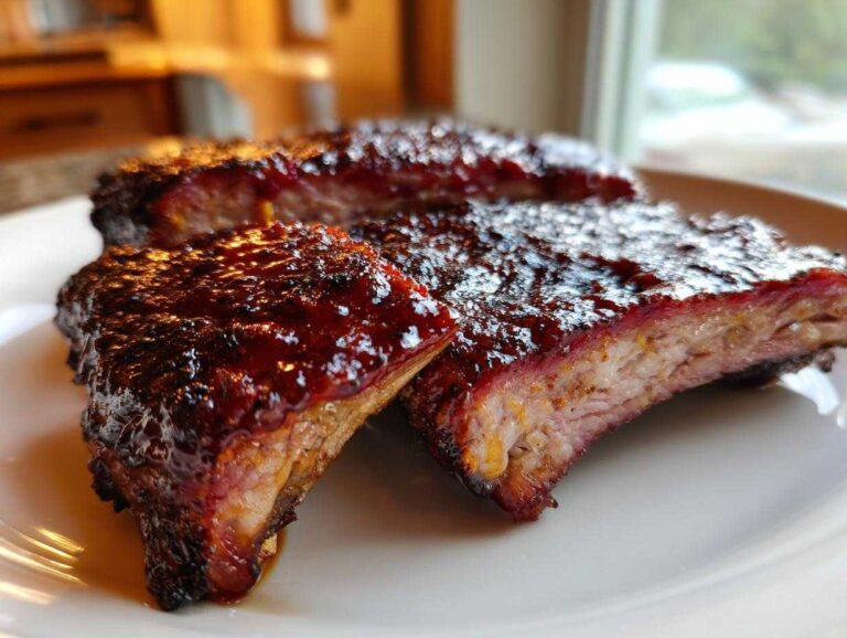 Close-up of three tender Guava BBQ pork chops covered in a thick, shiny, dark red glaze on a white plate.