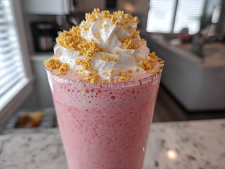 Close-up of a pink Guava cheesecake shake topped with whipped cream and graham cracker crumbs.
