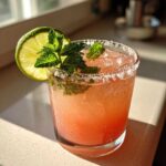 Close-up of a pink Guava lime margarita with fresh mint and a salted rim, garnished with a lime wheel.