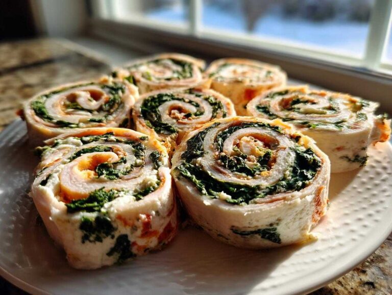 A plate featuring several slices of Healthy turkey spinach pinwheels, showing the spiral layers of turkey, spinach, and cream cheese filling.