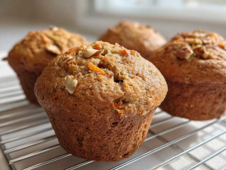 Close-up of freshly baked high fiber morning glory muffins cooling on a wire rack, topped with nuts and shredded carrots.