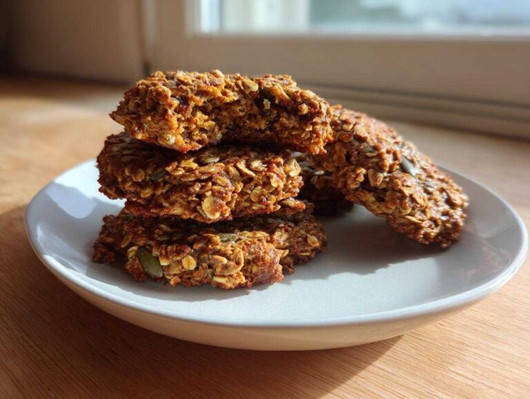 A stack of four dense, oatmeal-based High Fiber Power Protein Breakfast Cookies on a light plate.