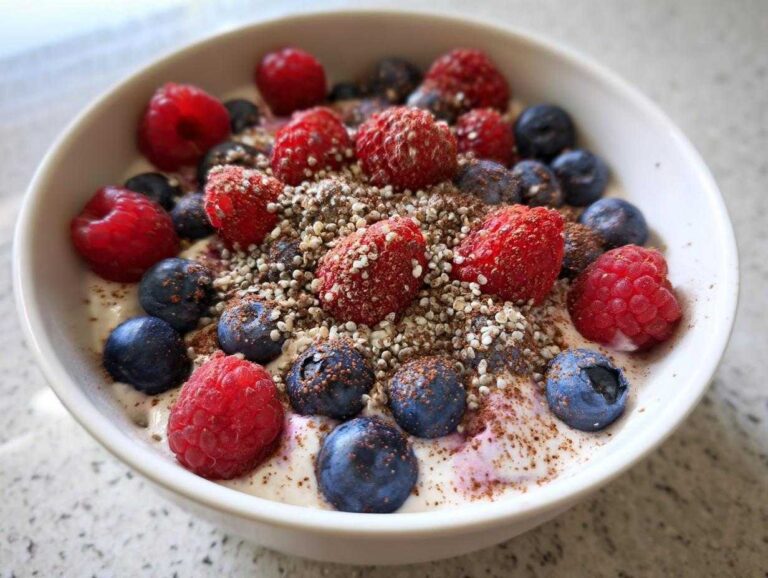 A vibrant, close-up view of a high protein yogurt bowl topped generously with fresh raspberries, blueberries, and seeds.