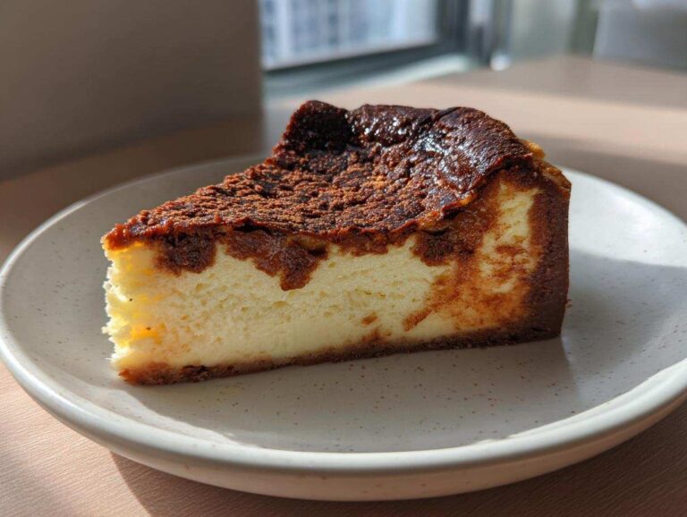 A close-up shot of a slice of Hojicha burnt basque cheesecake with a dark, caramelized top, sitting on a speckled white plate.