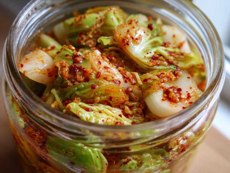 Close-up of vibrant Homemade Cabbage Kimchi packed tightly in a clear glass jar, showing red chili flakes coating the cabbage.