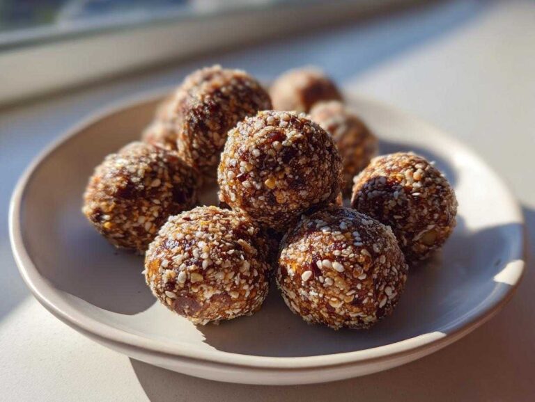 A close-up of several Homemade energy balls with dates and nuts, coated in seeds, resting on a light plate in bright sunlight.