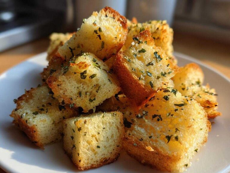 Close-up of golden, toasted homemade sourdough croutons seasoned with green herbs and salt.