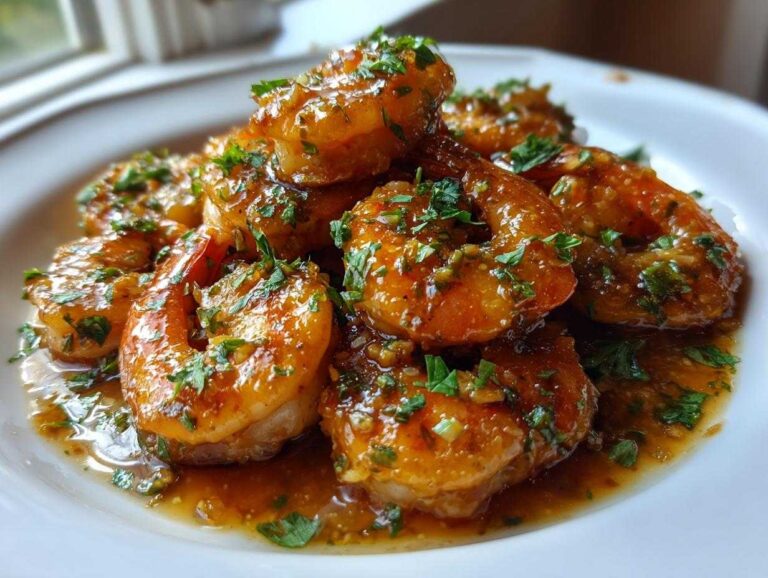 Close-up of glossy Honey garlic butter shrimp coated in sauce and topped with fresh parsley on a white plate.