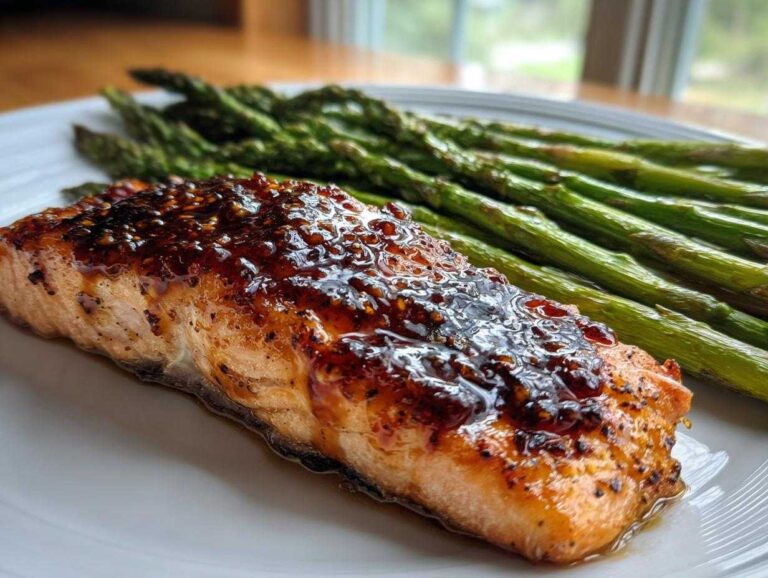 Close-up of a perfectly cooked Honey garlic glazed salmon fillet topped with a thick, shiny glaze, served next to roasted asparagus.