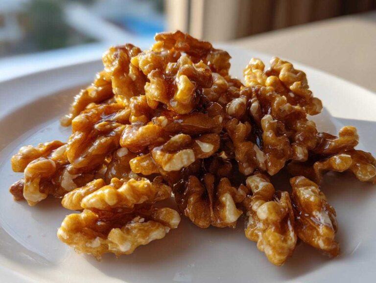 A close-up pile of glossy, caramelized honey roasted walnuts glistening on a white plate.