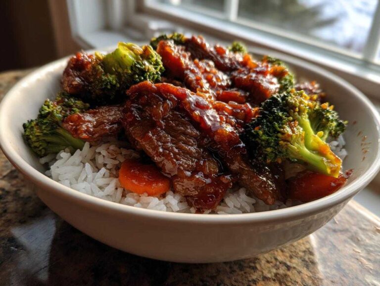 Close-up of a hot honey beef bowl featuring glazed beef strips, bright green broccoli florets, and sliced carrots over white rice.