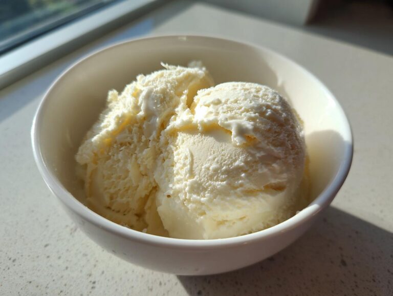 Two scoops of creamy vanilla ice cream in a bag served in a white bowl, highlighted by sunlight.