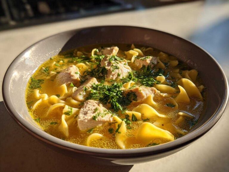 Close-up of a bowl of Instant Pot chicken noodle soup from scratch, featuring chunks of chicken, egg noodles, and fresh parsley.