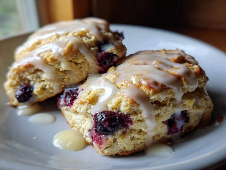 Two freshly baked lemon blueberry scones with zesty glaze drizzled over the top, sitting on a white plate.
