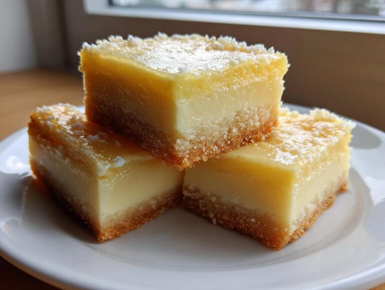 Three perfectly cut lemon cream cheese bars stacked on a white plate, showing a thick, creamy filling and crumbly crust.